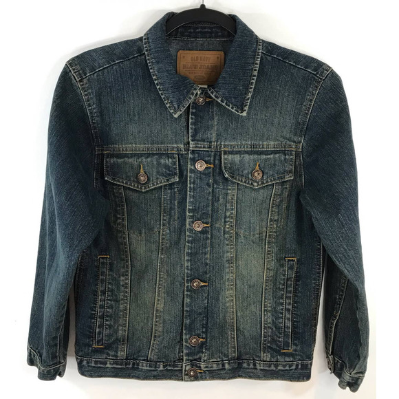 Old Navy Blue Jeans Trucker Denim Jean Jacket Size Large for Junior Dk Wash Y2K - Picture 1 of 10